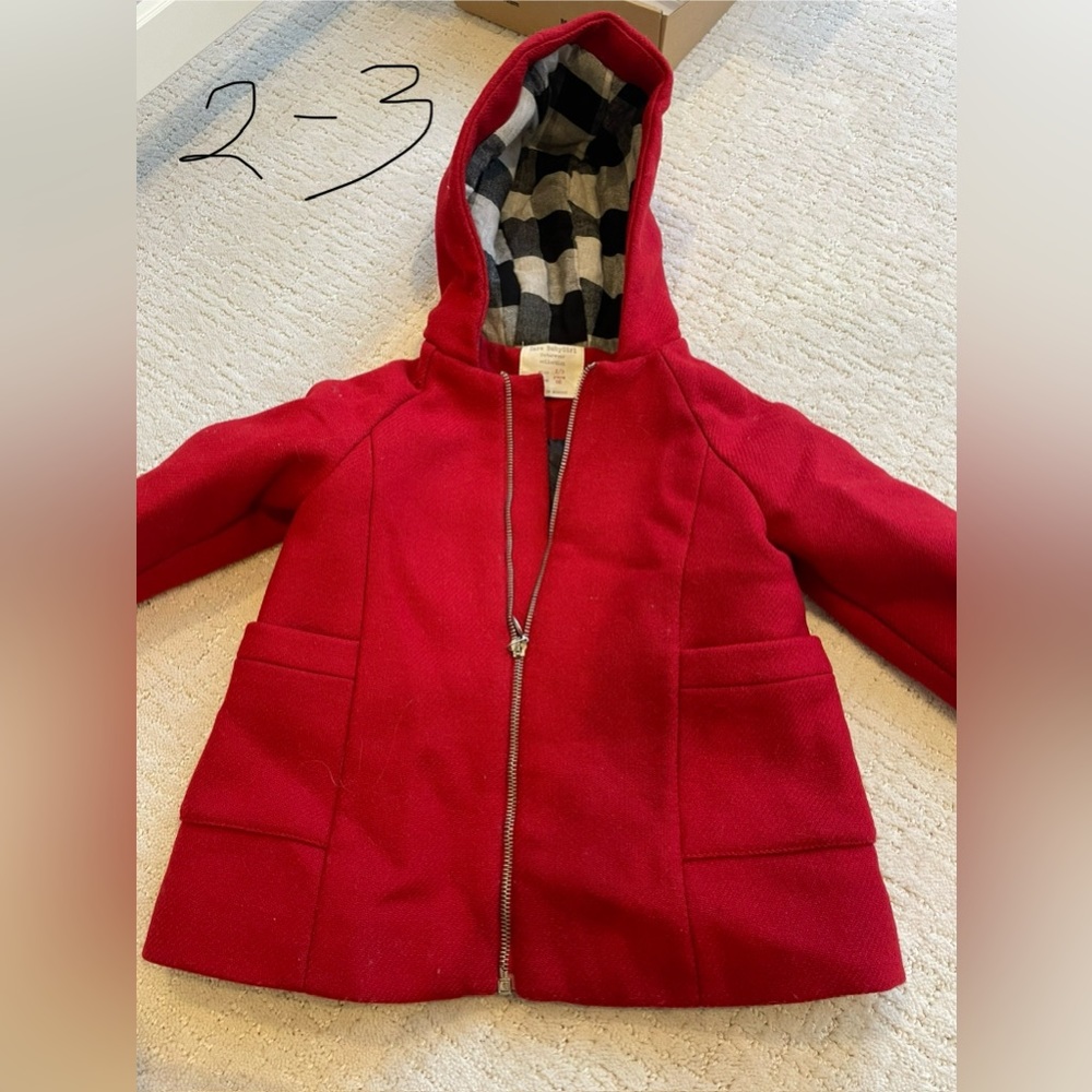 red zara coat with buffalo check hood